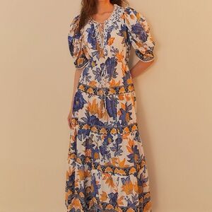 Farm Rio off white summer flowers beaded tassels maxi dress